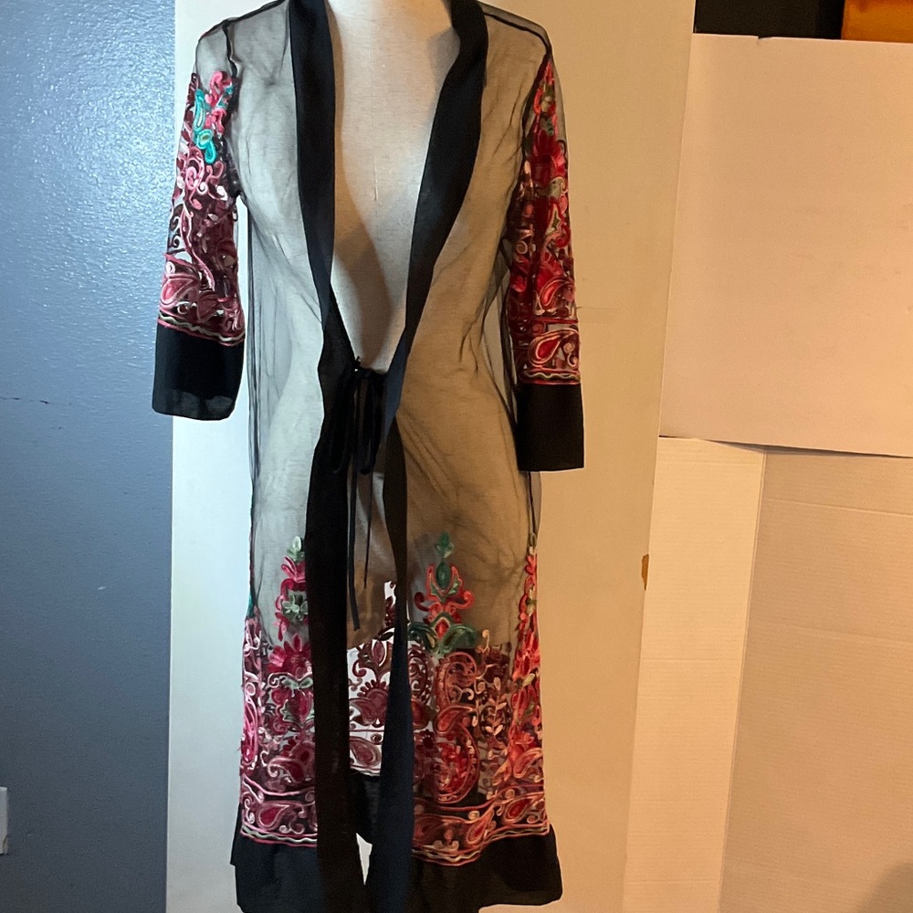 Sheer Black Embroidered Tie-Front Robe with Pink & Green Accents